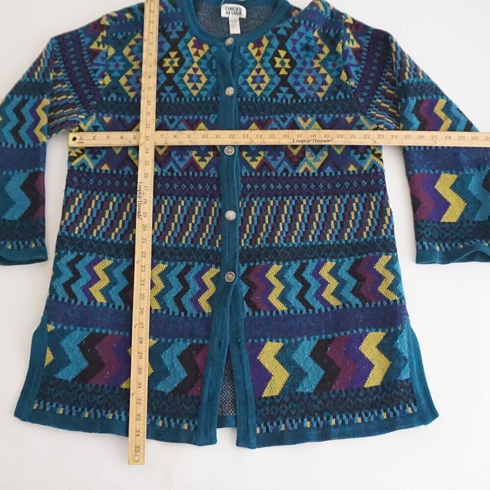 Vintage Chico's Blue Purple Knit Aztec 22% Cotton Button Up Cardigan Sweater XL